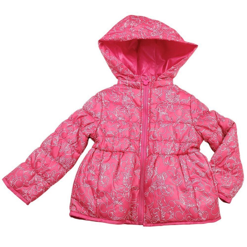 Disney Puffer Jacket Girls 4 Pink Minnie Mouse Full Zip Fleece Lined Warm Winter